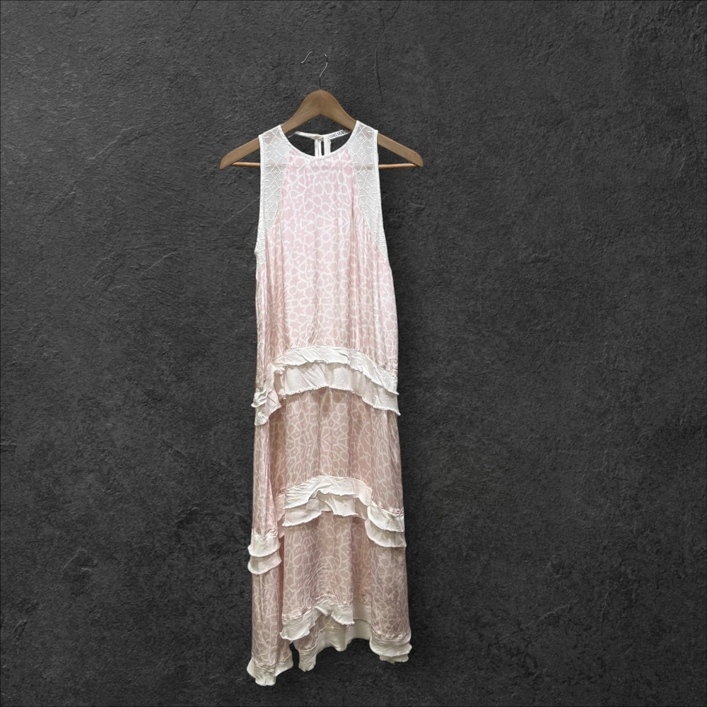 Chelsea Flower Pink Geometric Tiered Ruffle Lace Trim Sleeveless Midi Dress M‎